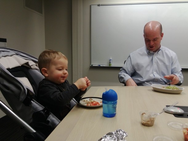 Lunch with Daddy - look at that happiness with his Chipot.le pork, salsa, and guac.  We ALL paid for this lunch over and over again.  Poor kid!