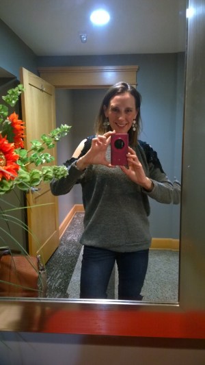 My favorite date night outfit for fall - Dear John skinny jeans and that awesome gray sweater with tall or short black boots!