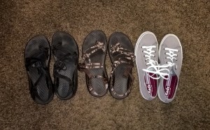 Chaco black, Chaco brown, and Keds