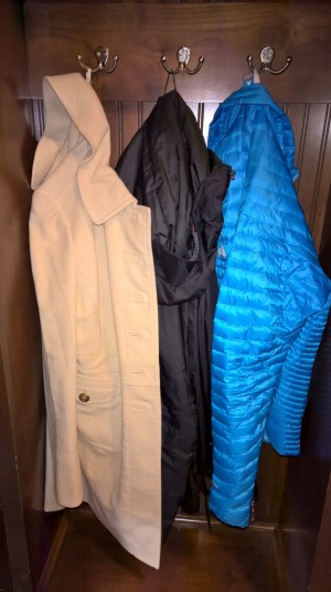 Ann Taylor cream coat (I love this coat!!!), North Face Men's Summit coat (LOVE!), Eddie Bauer Micro Therm Storm Down (I hate this coat - it is not warm at all)
