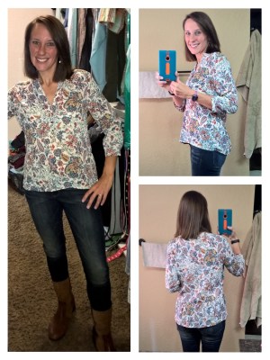 Zara printed blouse (size M, $38), BR skinnys, Ugg boots