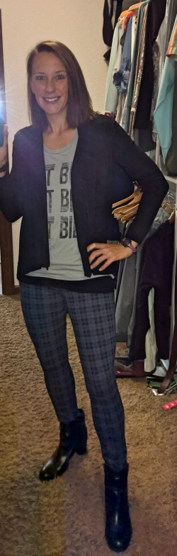 Sanctuary plaid pants, black cami, Junk Food C'est Bien tank, Zara drape cardigan, Enzo boots